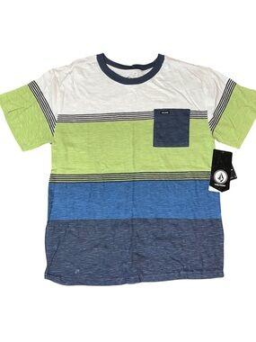 Volcom White Green Blue Striped Skater Short Sleeve Shirt Boys Large 14 NWT